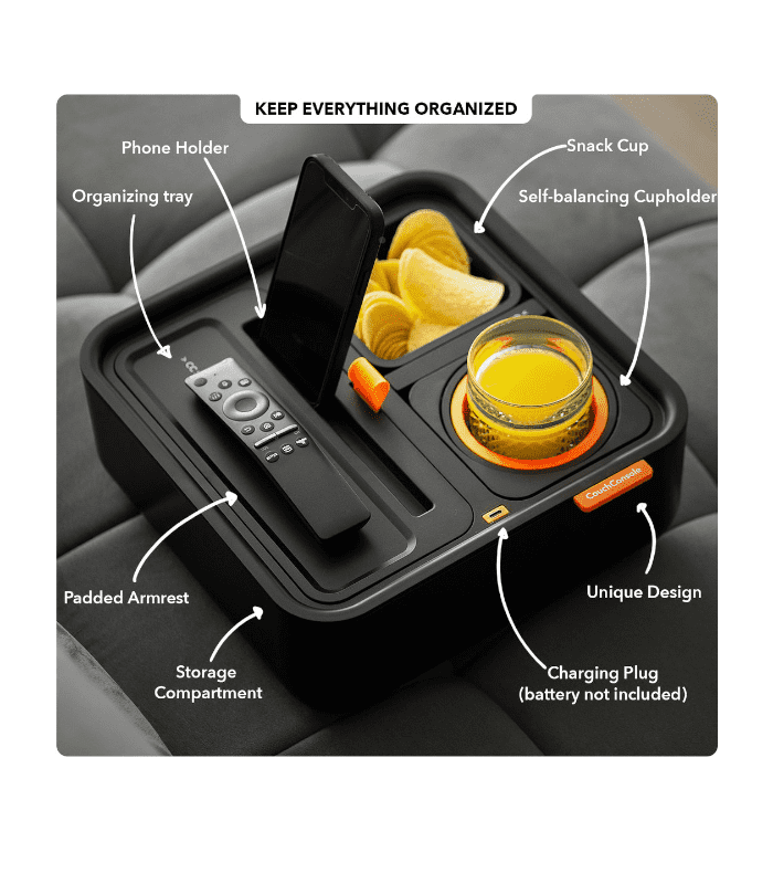 CouchConsole Self-Balancing Snack Tray, PhoneStand, Charging ,Black/Black