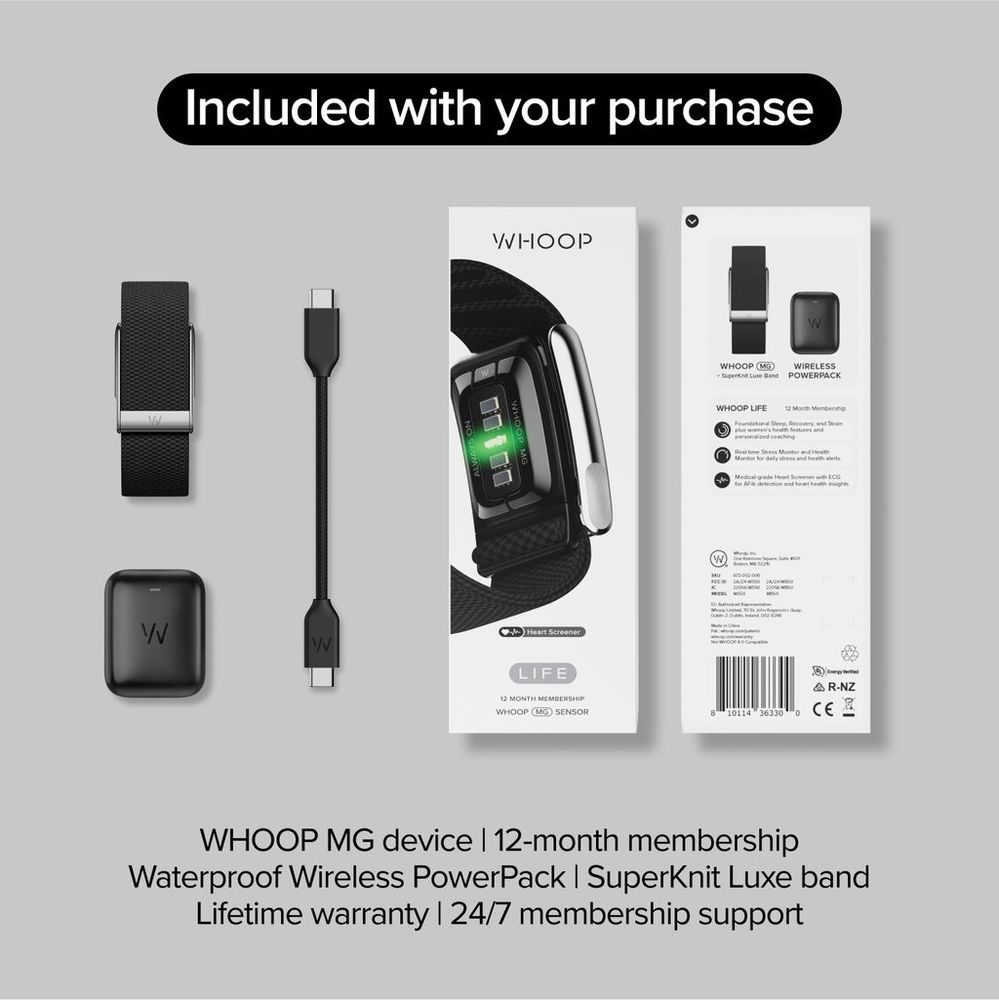 WHOOP MG Life with 12-Month Membership - 24/7 Activity Tracker - Obsidian/ Titanium inside the box