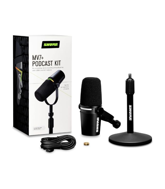mv7+ Bundle-01 Shure MV7+ Podcast Microphone Bundle, Enhanced Audio, LED Touch Panel, USB-C & XLR Outputs, Auto Level Mode, Digital Pop Filter, Reverb Effects, Podcasting, Streaming, Recording - Black