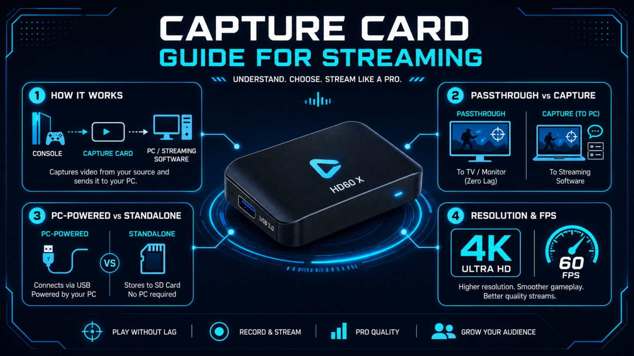 High-tech infographic titled 'Capture Card Guide for Streaming' explaining how capture cards work, the difference between passthrough and capture, and comparing PC-powered vs standalone models.