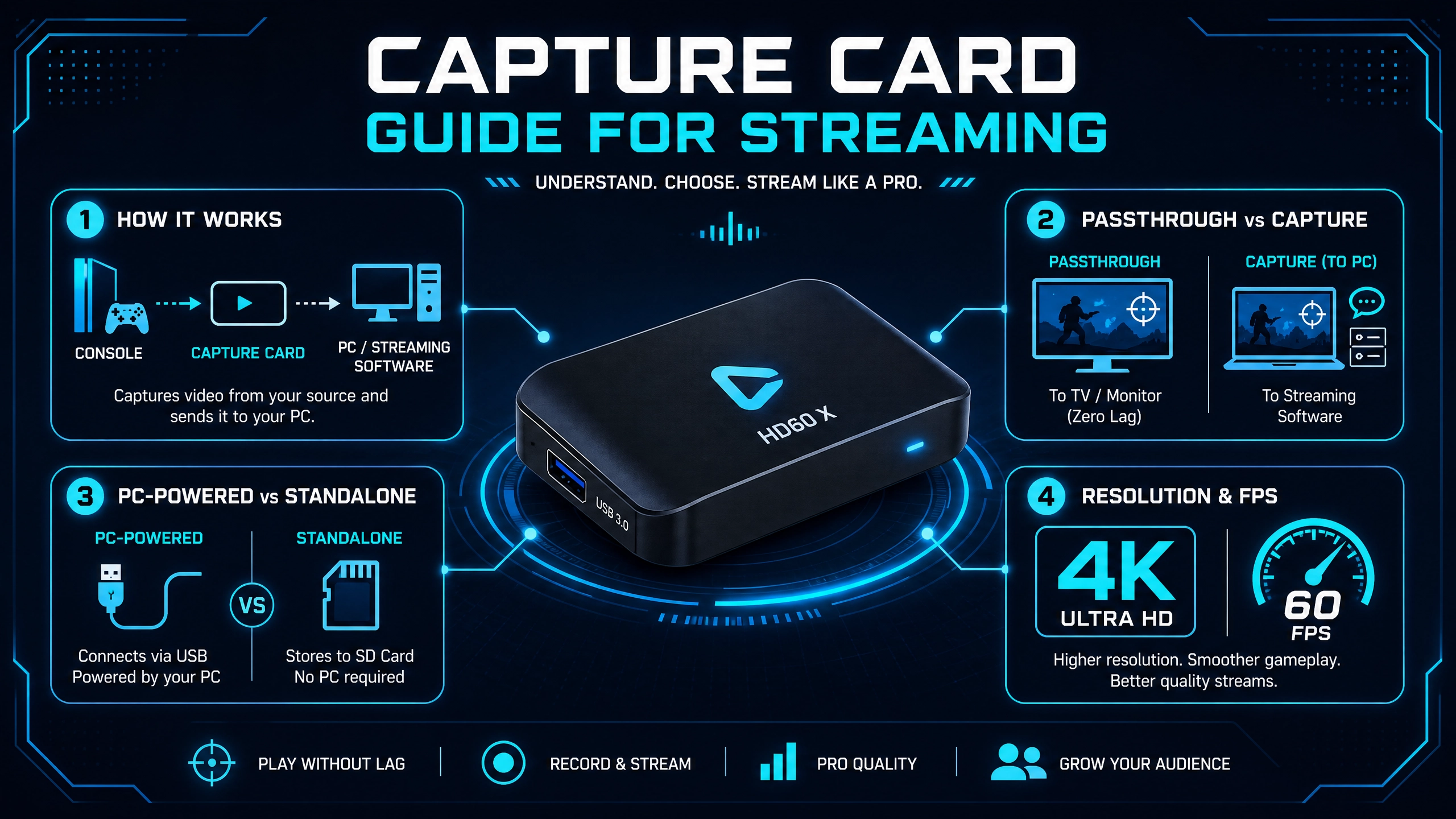 High-tech infographic titled 'Capture Card Guide for Streaming' explaining how capture cards work, the difference between passthrough and capture, and comparing PC-powered vs standalone models.