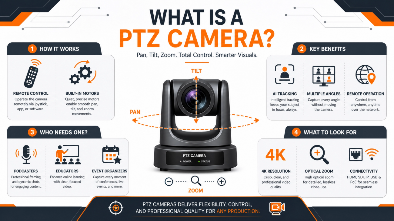 Professional infographic titled 'What Is a PTZ Camera?' explaining Pan-Tilt-Zoom functionality, key benefits like AI tracking, target audiences, and essential features to look for when buying.