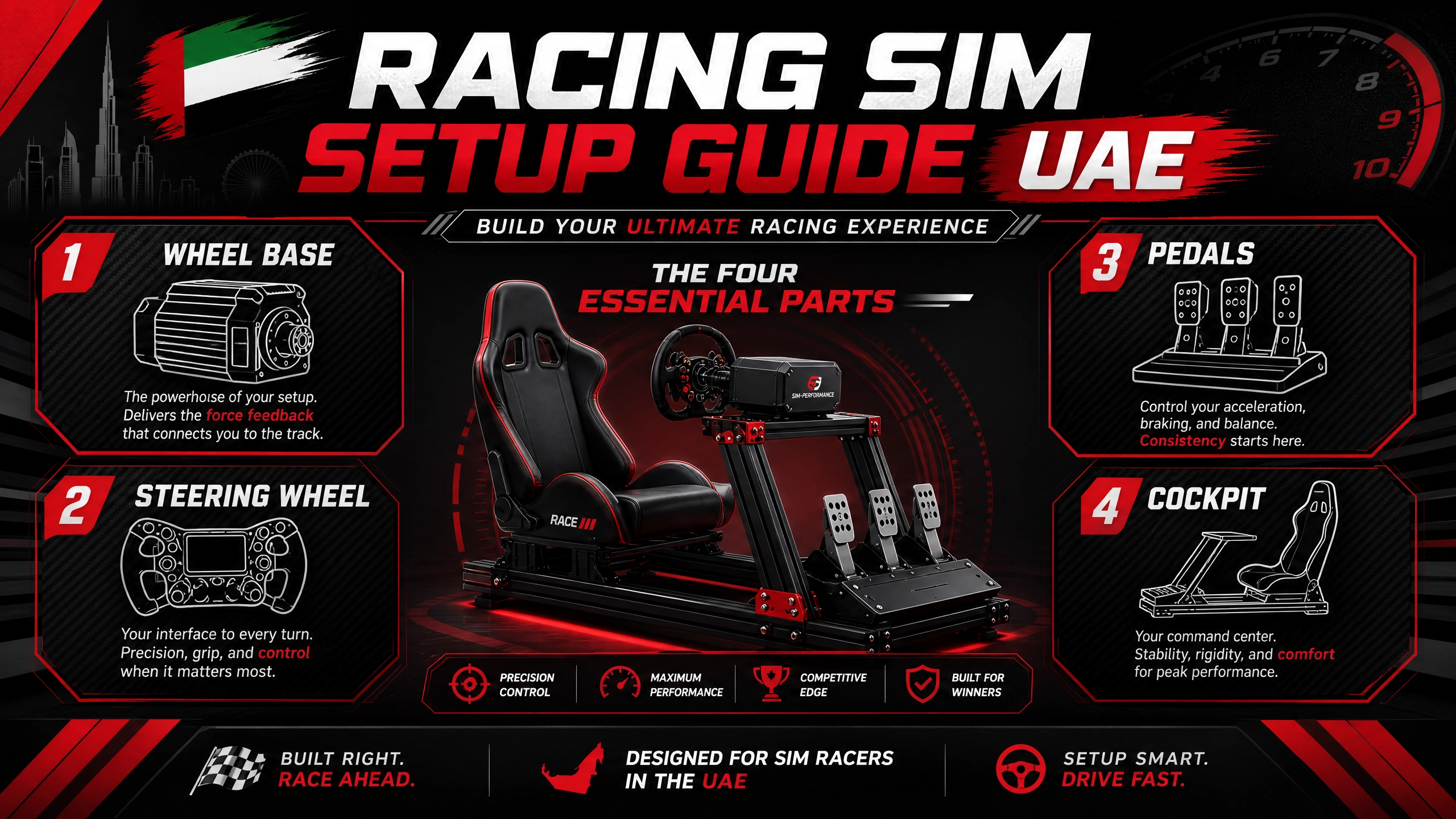 High-energy infographic titled 'Racing Sim Setup Guide UAE' detailing the four essential components: wheel base, steering wheel, pedals, and cockpit, with a racing-themed design.