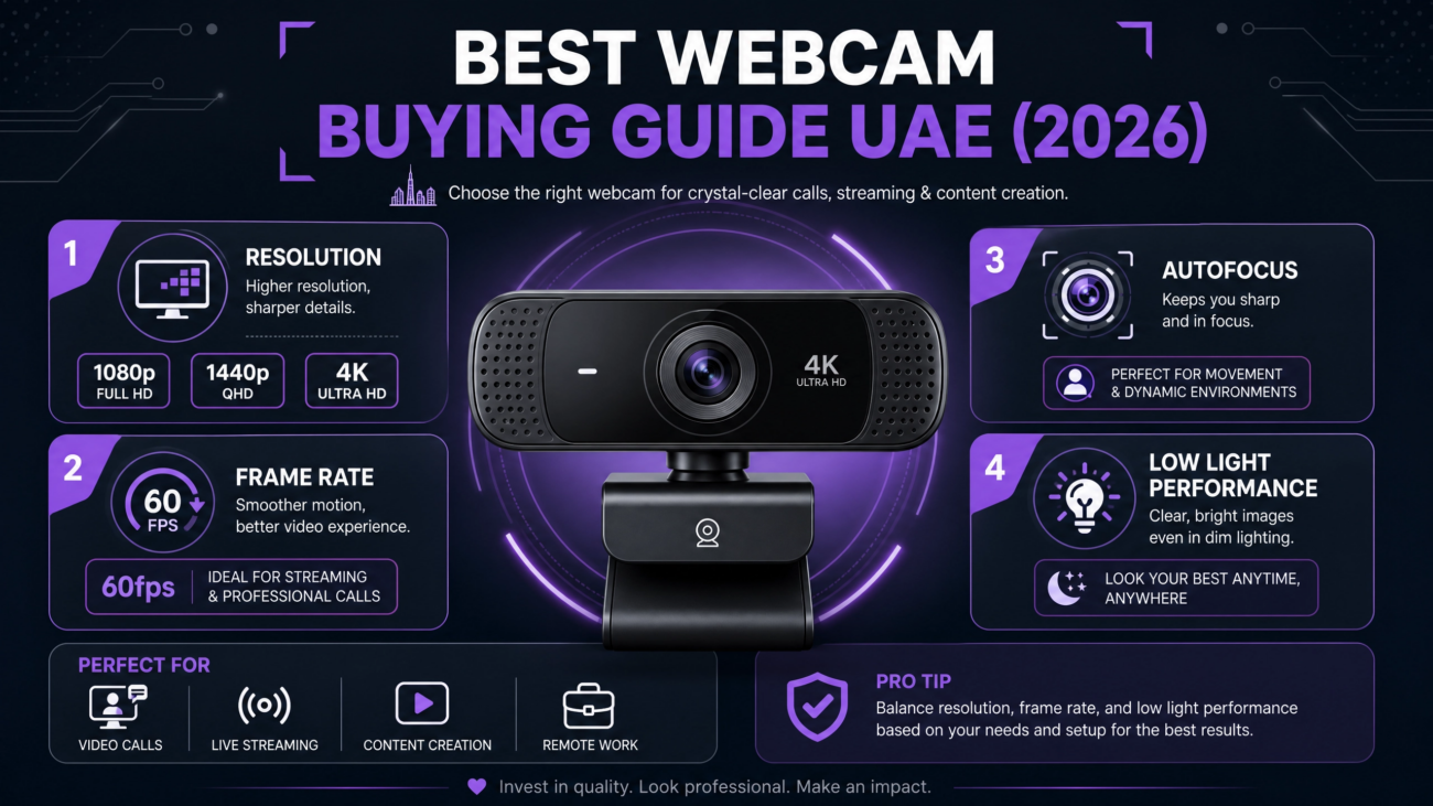 Modern infographic titled 'Best Webcam Buying Guide UAE (2026)' highlighting key features like resolution (1080p to 4K), frame rate, autofocus, and low light performance for streaming and video calls.
